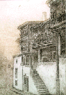 {Rúa da Fonte de Unta (2000). Augaforte/augatinta sobre plancha de cobre de 32x25 cm. Papel "Creysse France", 57x38 cm. Tirada: 50}