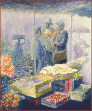 {Regateo no mercado. Acrílico/táboa, 61x50 cm., 1997}